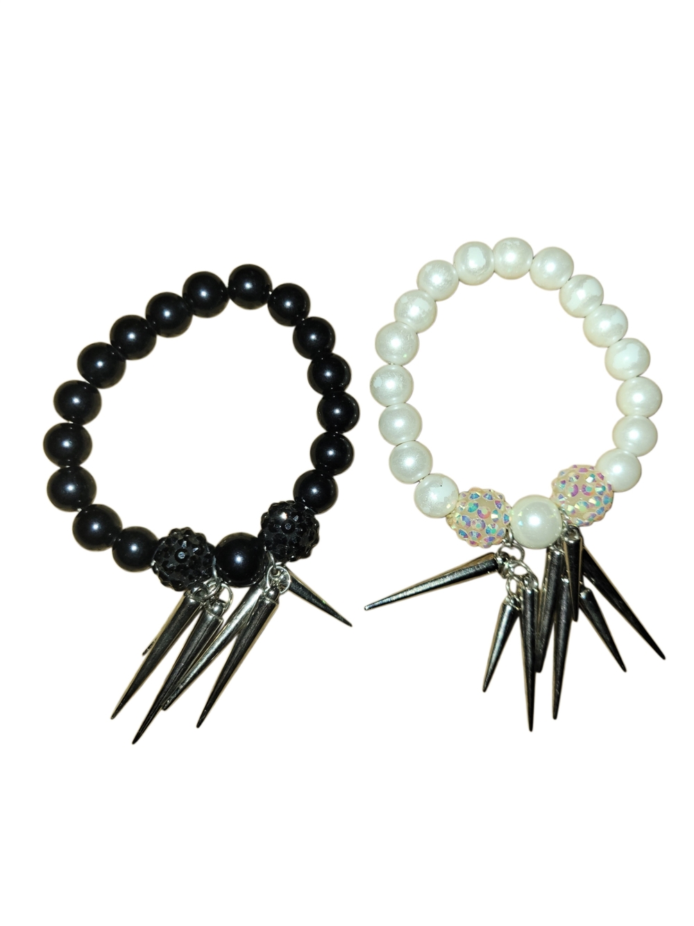 Pearl and Black Bead Spike Stretch Bracelet Set